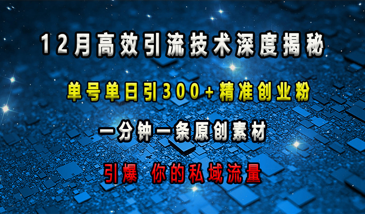 12月高效引流技术深度揭秘 ，单号单日引300+精准创业粉，一分钟一条原创素材，引爆你的私域流量即刻搞钱-网创项目资源站-副业项目-创业项目-搞钱项目即刻搞钱
