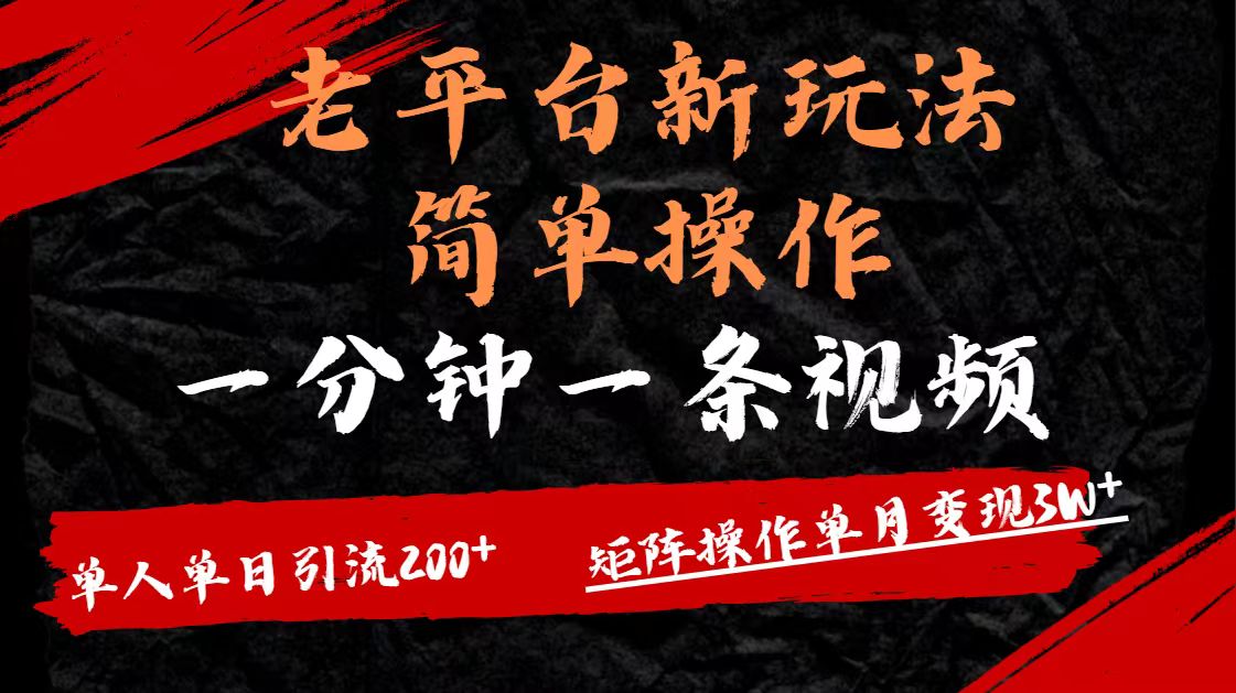 老平台，新玩法，简单操作，一分钟一条视频，单人单人引流200+矩阵操作，单月变现3W即刻搞钱-网创项目资源站-副业项目-创业项目-搞钱项目即刻搞钱