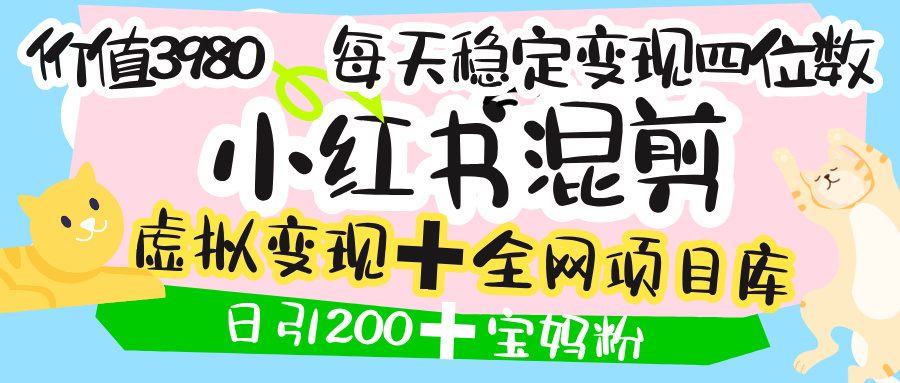 价值3980的小红书混剪， 虚拟变现 ＋全网项目库 ， 日引200+宝妈创业粉，每天稳定四位数变现即刻搞钱-网创项目资源站-副业项目-创业项目-搞钱项目即刻搞钱