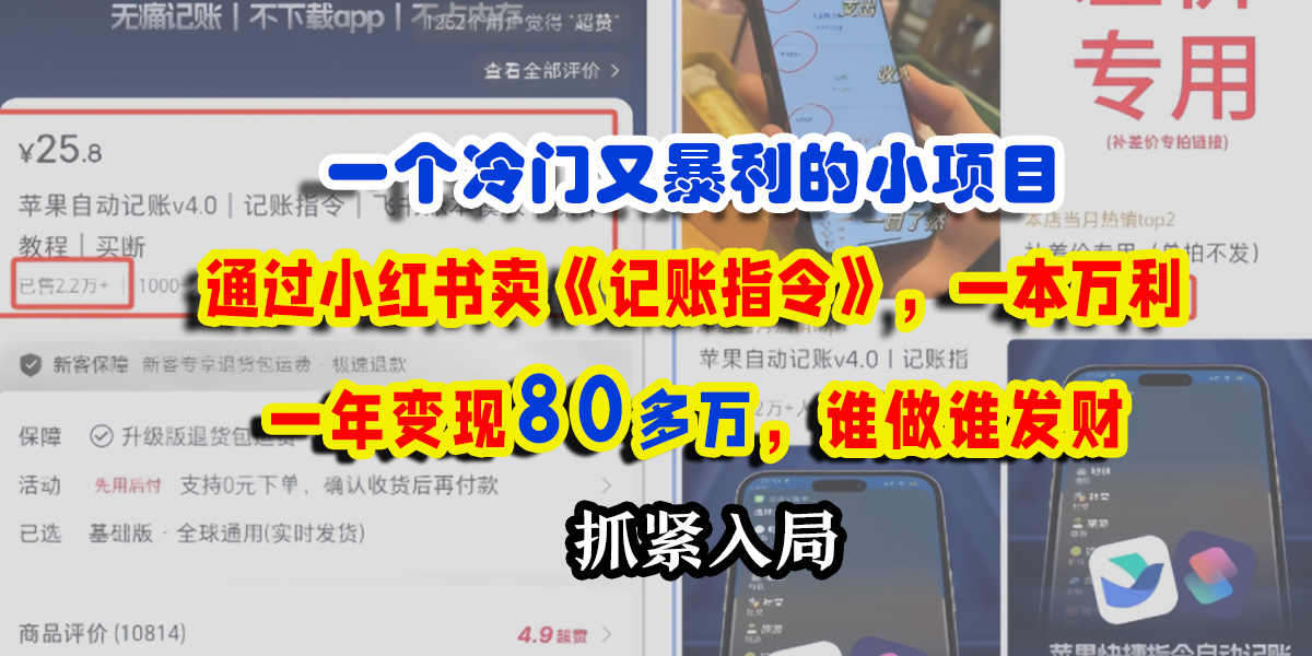 一个冷门又暴利的小项目，通过小红书卖《记账指令》，一本万利，一年变现80多万，谁做谁发财即刻搞钱-网创项目资源站-副业项目-创业项目-搞钱项目即刻搞钱