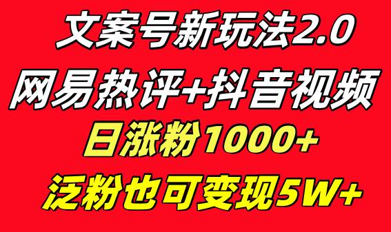 文案号新玩法 网易热评+抖音文案 一天涨粉1000+ 多种变现模式 泛粉也可变现即刻搞钱-网创项目资源站-副业项目-创业项目-搞钱项目即刻搞钱