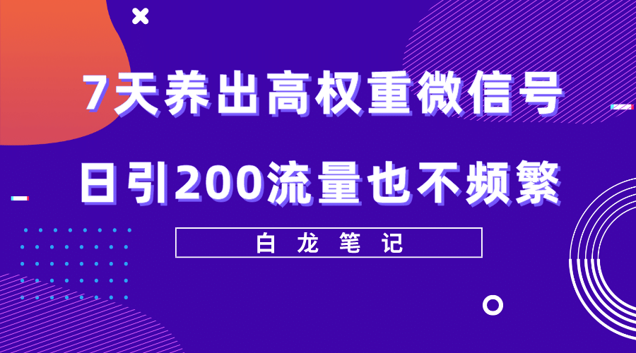 7天养出高权重微信号，日引200流量也不频繁，方法价值3680元即刻搞钱-网创项目资源站-副业项目-创业项目-搞钱项目即刻搞钱