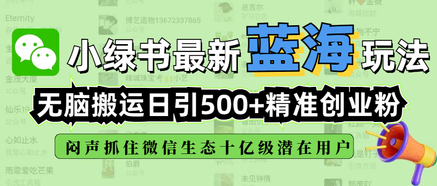 小绿书最新蓝海玩法，无脑搬运日引500+精准创业粉，闷声抓住微信生态十亿级潜在用户即刻搞钱-网创项目资源站-副业项目-创业项目-搞钱项目即刻搞钱