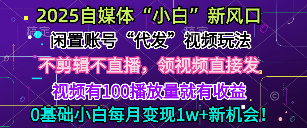 2025每月躺赚5w+新机会，闲置视频账号一键代发玩法，0粉不实名不剪辑，领了视频直接发，0基础小白也能日入300+即刻搞钱-网创项目资源站-副业项目-创业项目-搞钱项目即刻搞钱