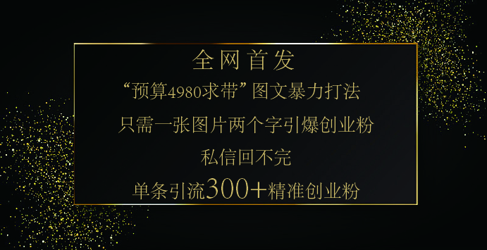 小红书，“预算 4980 带我飞” 的神奇图片引流法，堪称涨粉核武器！只需一张图，就能单条笔记凭借此方法，轻松引流 300 + 精准创业粉！即刻搞钱-网创项目资源站-副业项目-创业项目-搞钱项目即刻搞钱
