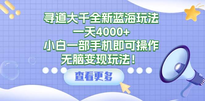 寻道大千全新蓝海玩法，一天4000+，小白一部手机即可操作，无脑变现玩法！即刻搞钱-网创项目资源站-副业项目-创业项目-搞钱项目即刻搞钱