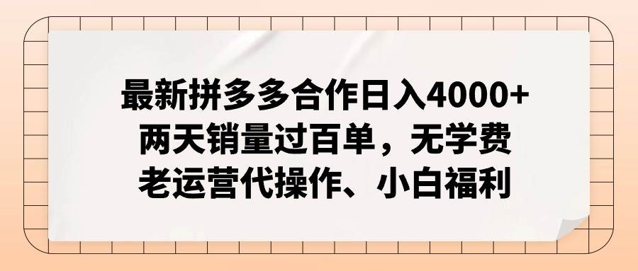 最新拼多多合作日入4000+两天销量过百单，无学费、老运营代操作、小白福利即刻搞钱-网创项目资源站-副业项目-创业项目-搞钱项目即刻搞钱