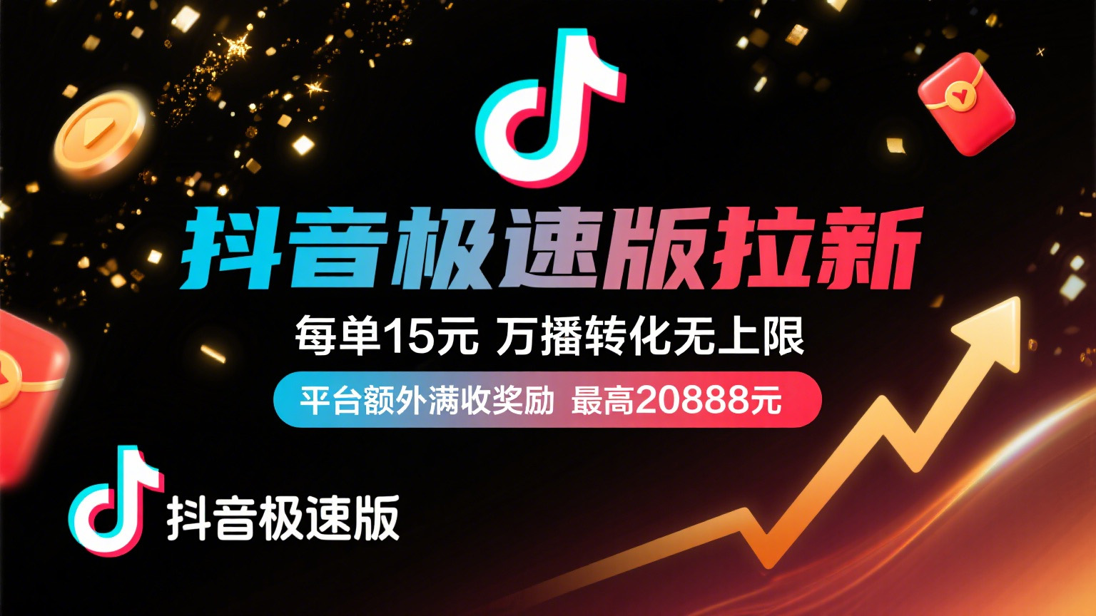 抖音极速版放福利，每单15元，万播转化无上限，平台额外满收奖励，最高可领20888元即刻搞钱-网创项目资源站-副业项目-创业项目-搞钱项目即刻搞钱
