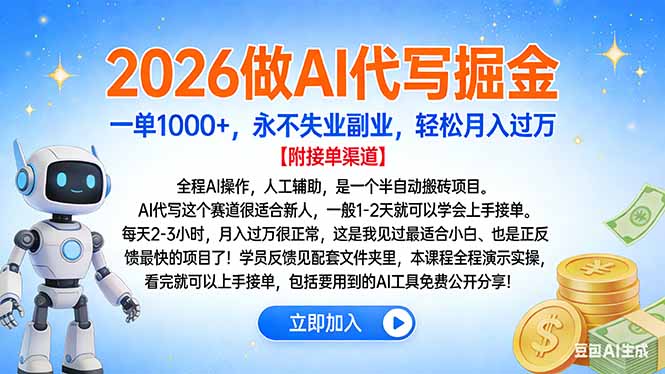 2026做AI代写掘金，一单1000+，永不失业副业，轻松月入过万即刻搞钱-网创项目资源站-副业项目-创业项目-搞钱项目即刻搞钱